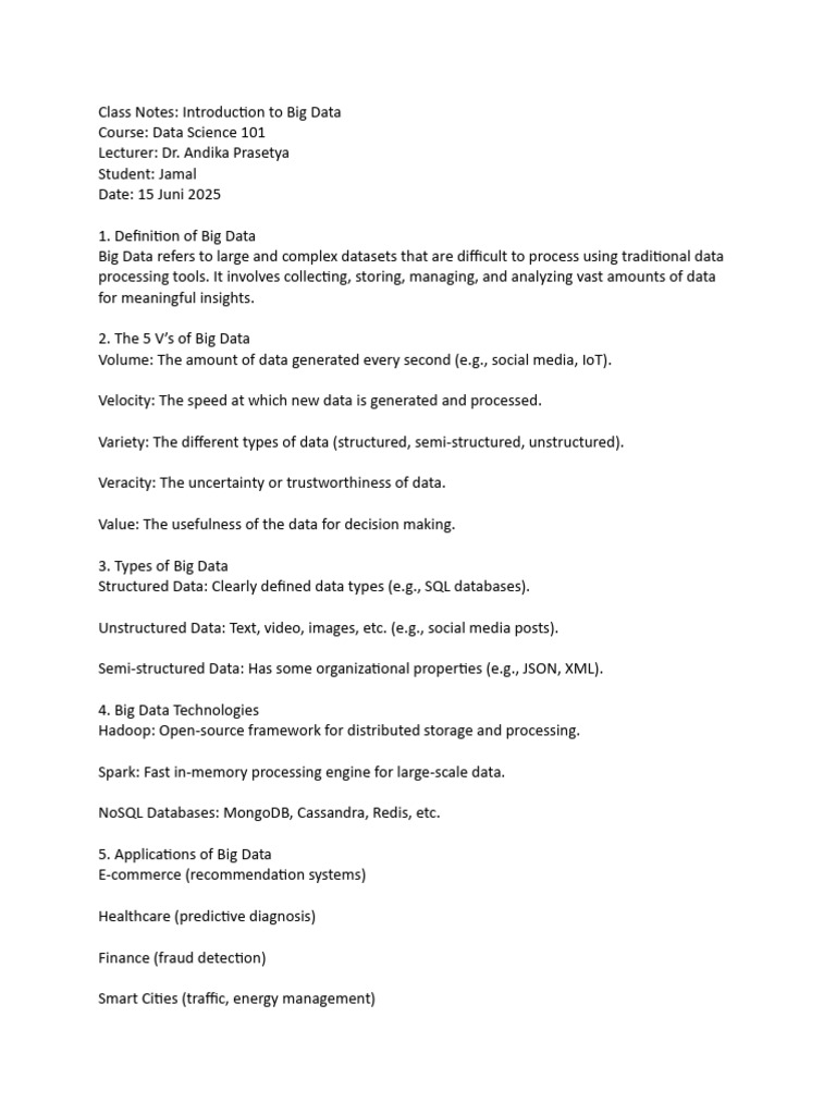 Jamal's Big Data Class Notes | PDF