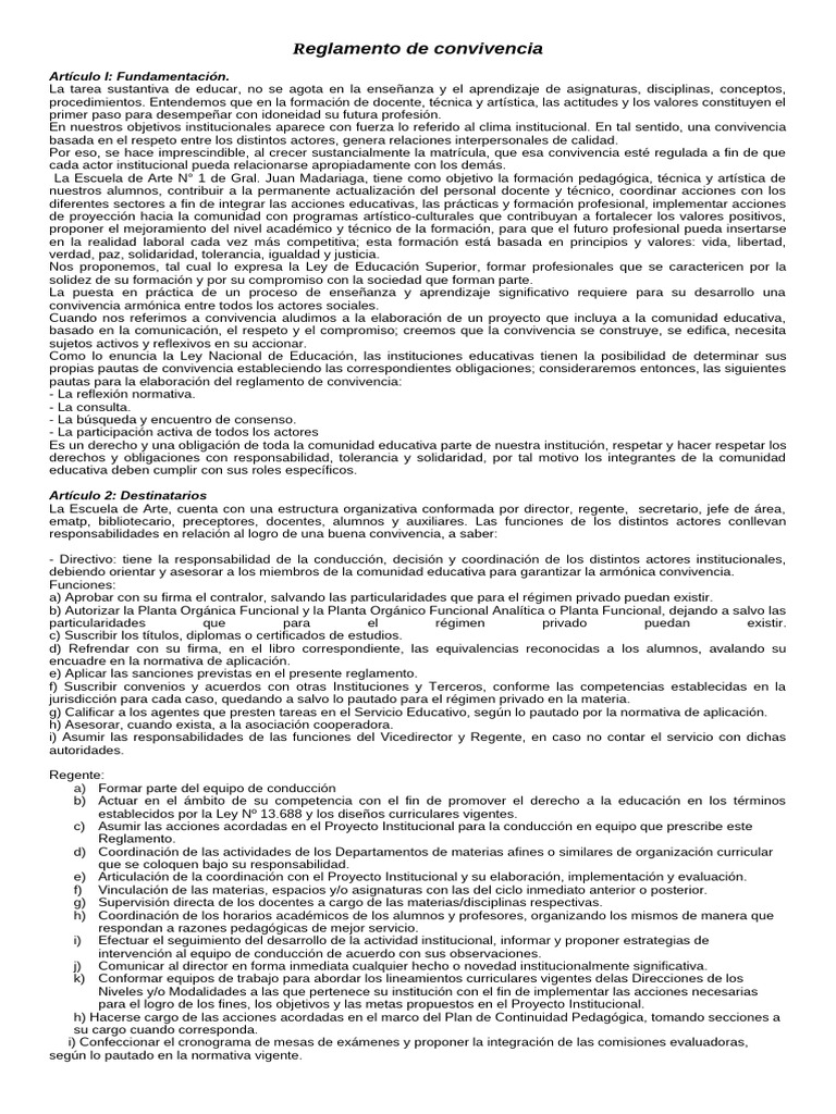Reglamento de Convivencia Escolar | PDF | Maestros | Institución