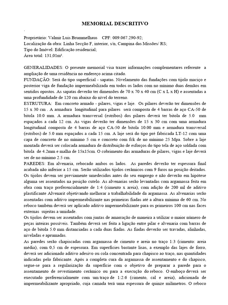 Memorial Descritivo de Ampliação Residencial | PDF | Argamassa ...