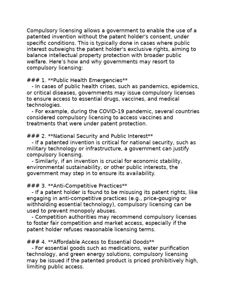 Government Compulsory Licensing Explained | PDF | Trips Agreement | Patent