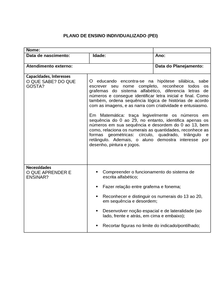 Plano de Ensino Individualizado (PEI) | PDF | Pedagogia | Alfabetização