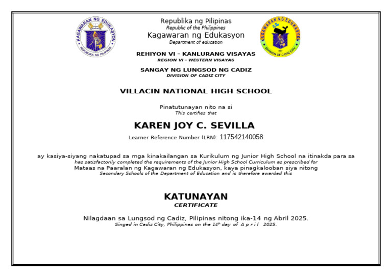 2025 - Completion Certificate - Junior High School | PDF