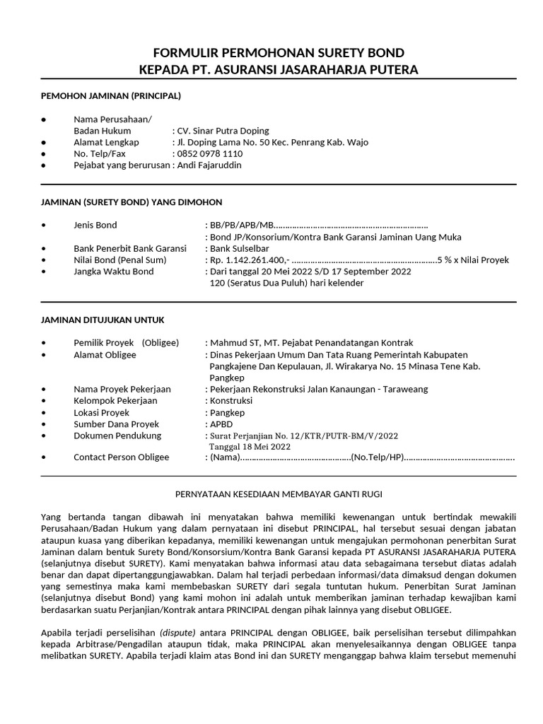 Formulir Permohonan Surety Bond 2 | PDF