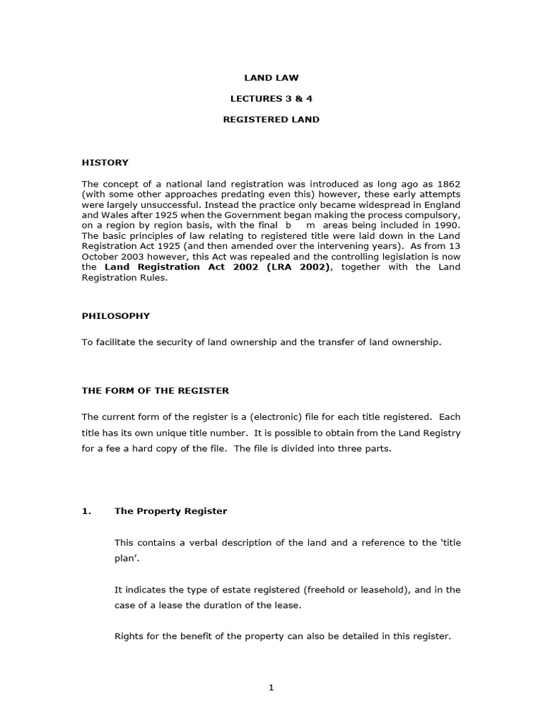 Lectures 3 - 4 - Registered Land | PDF | Easement | Land Law