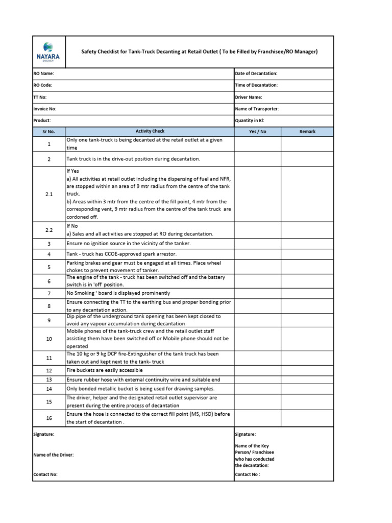 Tank-Truck Decanting Safety Checklist | PDF | Vehicles | Manufactured Goods