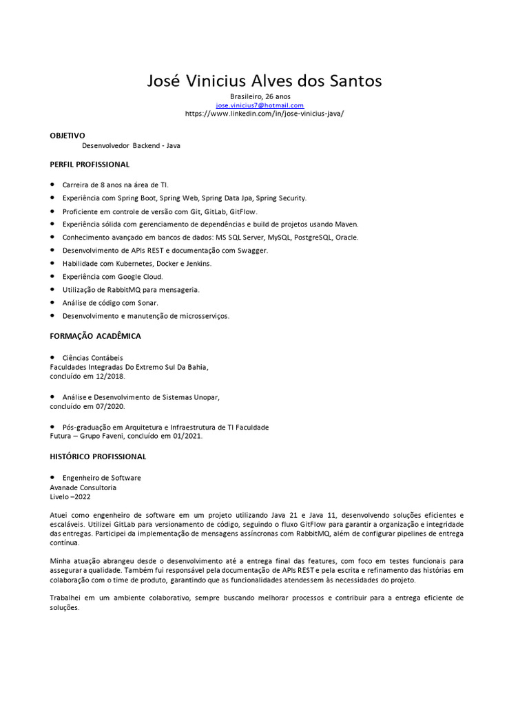 Desenvolvedor Backend Java com 8 Anos de Experiência | PDF | Bancos de ...