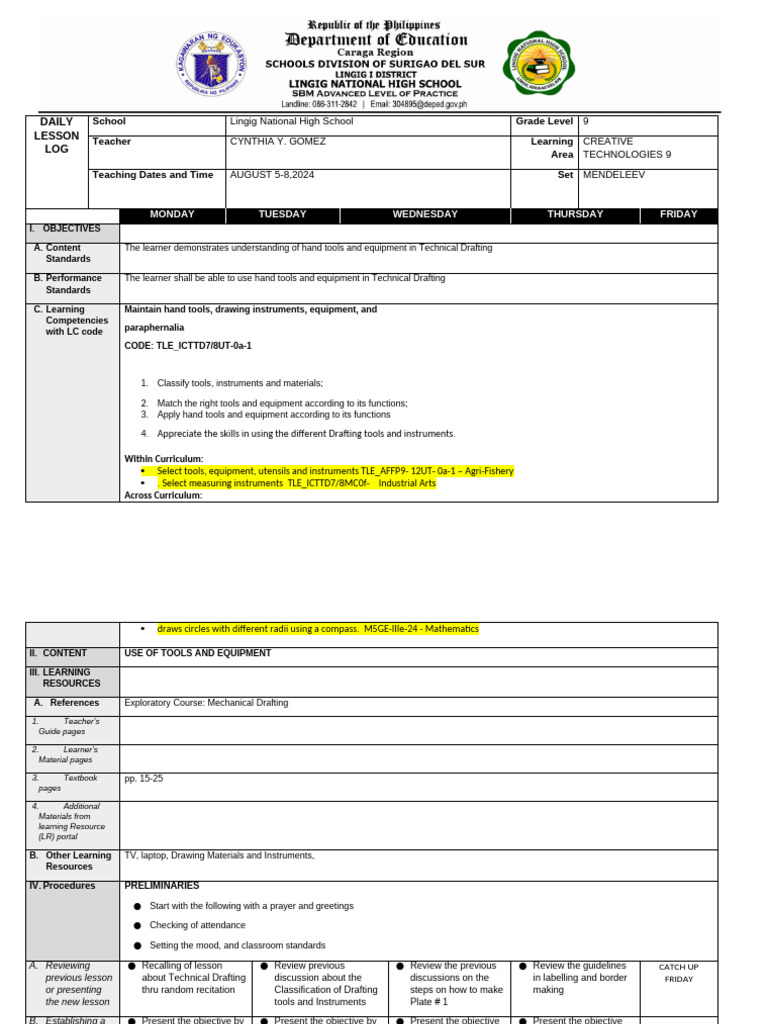 Grade 9 Technical Drafting Lesson Plan | PDF | Teachers | Curriculum