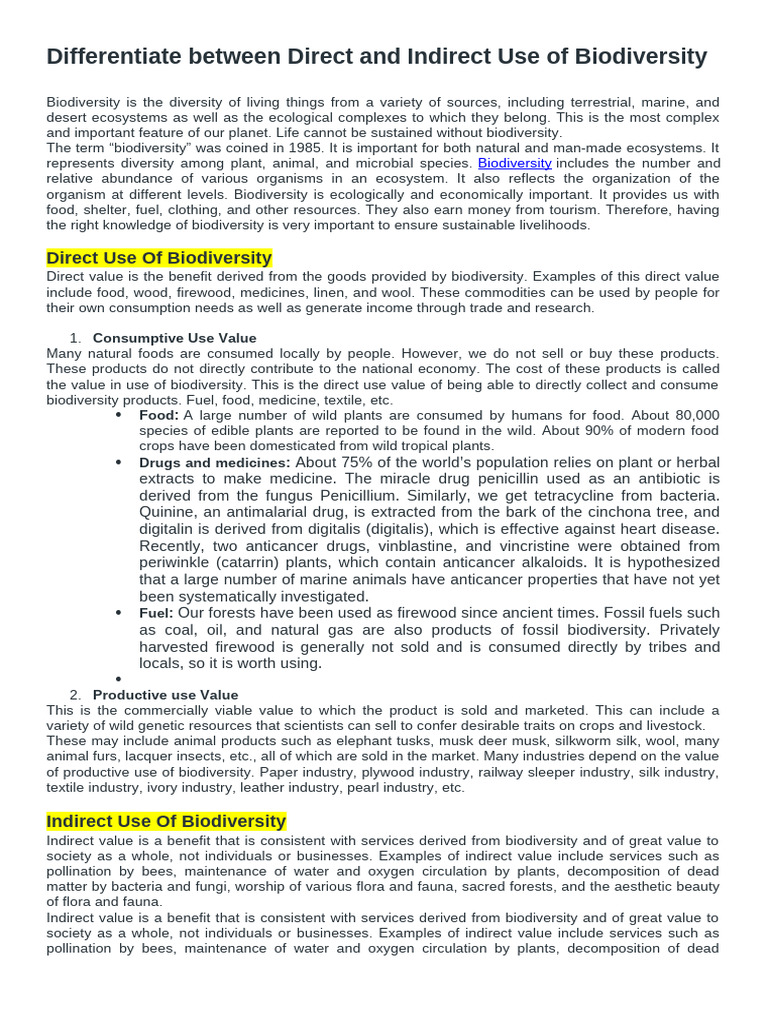 Direct vs Indirect Use of Biodiversity | PDF | Biodiversity | Ecosystem