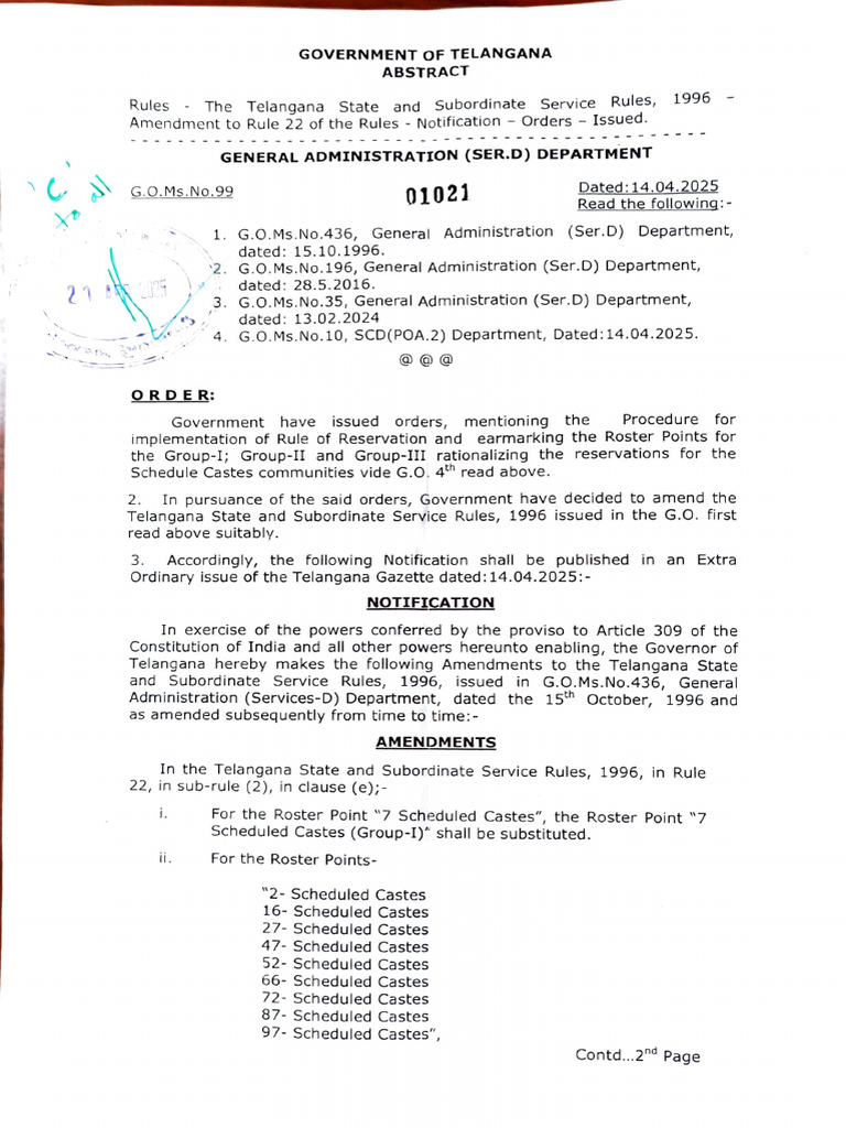 Telangana Roster Points Update 2025 | PDF | Justice | Crime & Violence