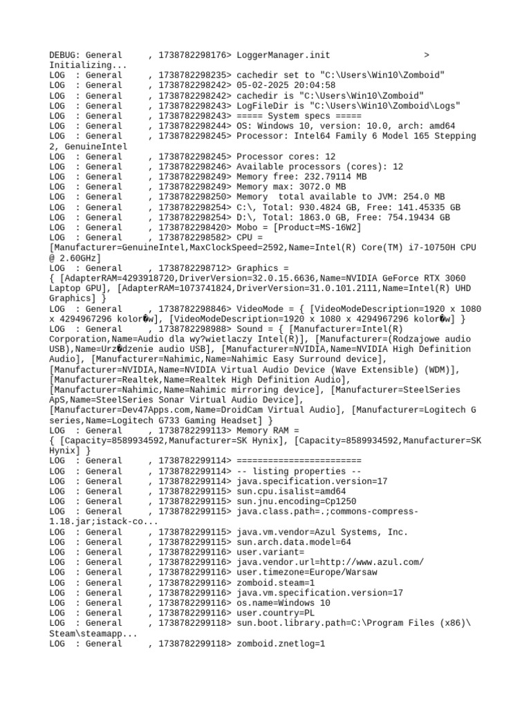 Zomboid Logger Initialization Log | PDF | Graphics Processing Unit ...