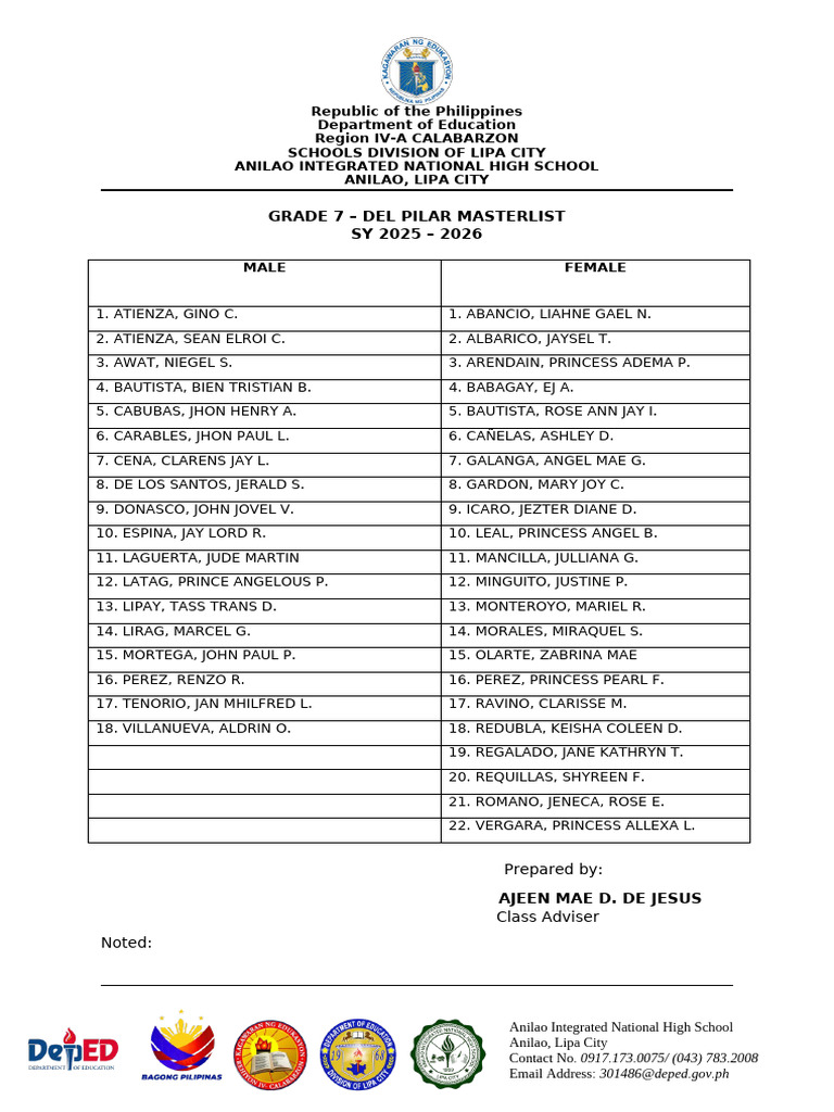 Grade 7 Masterlist SY 2025-2026 Lipa City | PDF | Chess Theory | Chess