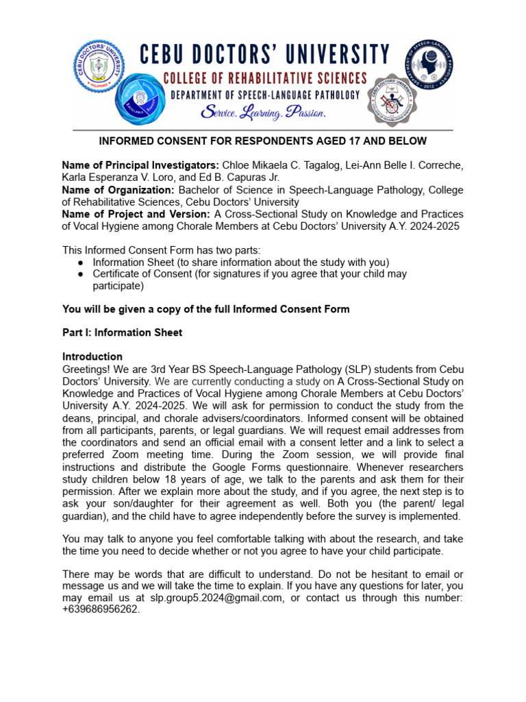 Informed Consent for Minors in Vocal Study | PDF | Questionnaire ...
