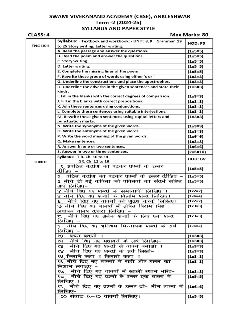 Class 4 Term 2 Syllabus 2024-25 | PDF | Grammar | Linguistics