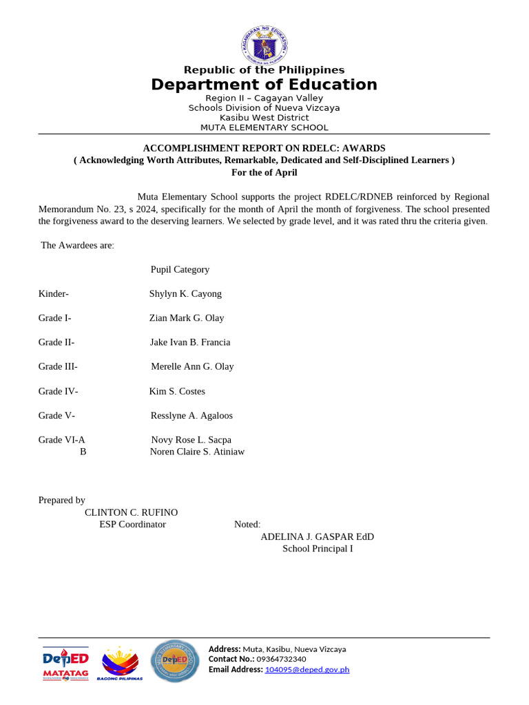 RDELC Awards Accomplishment Report | PDF
