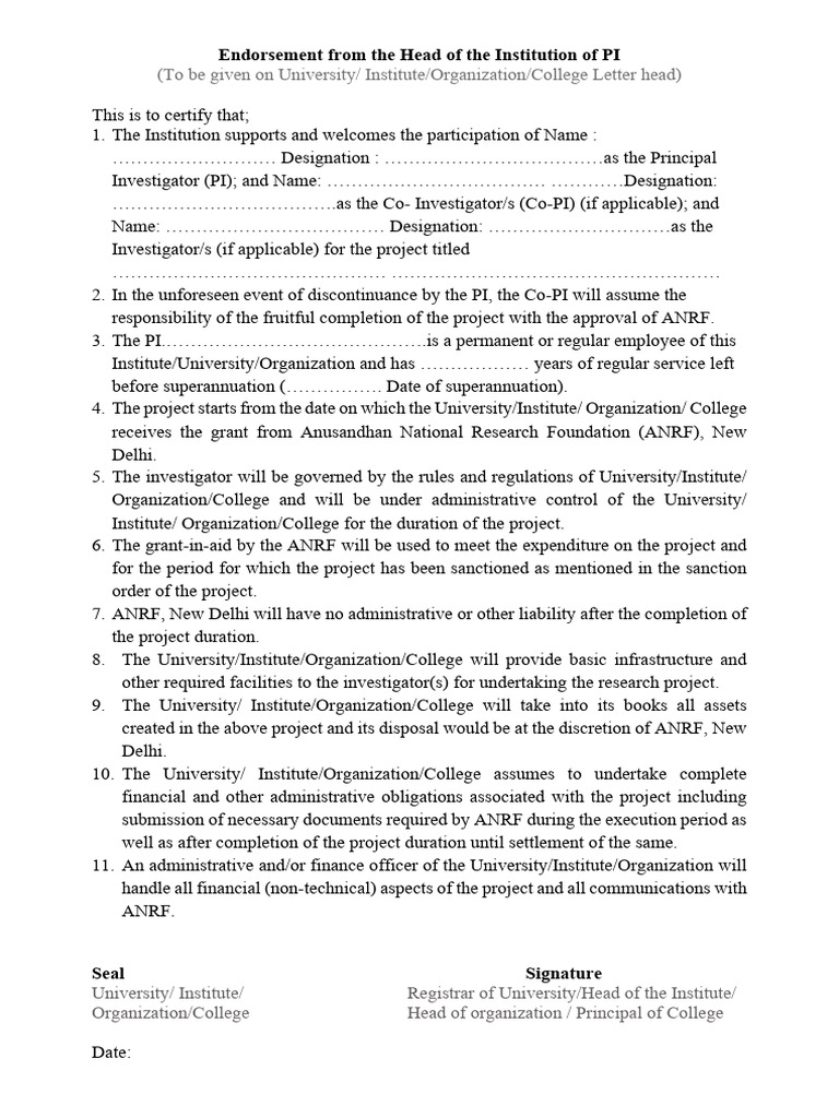 ANRF Endorsement Letter Template | PDF | Economies