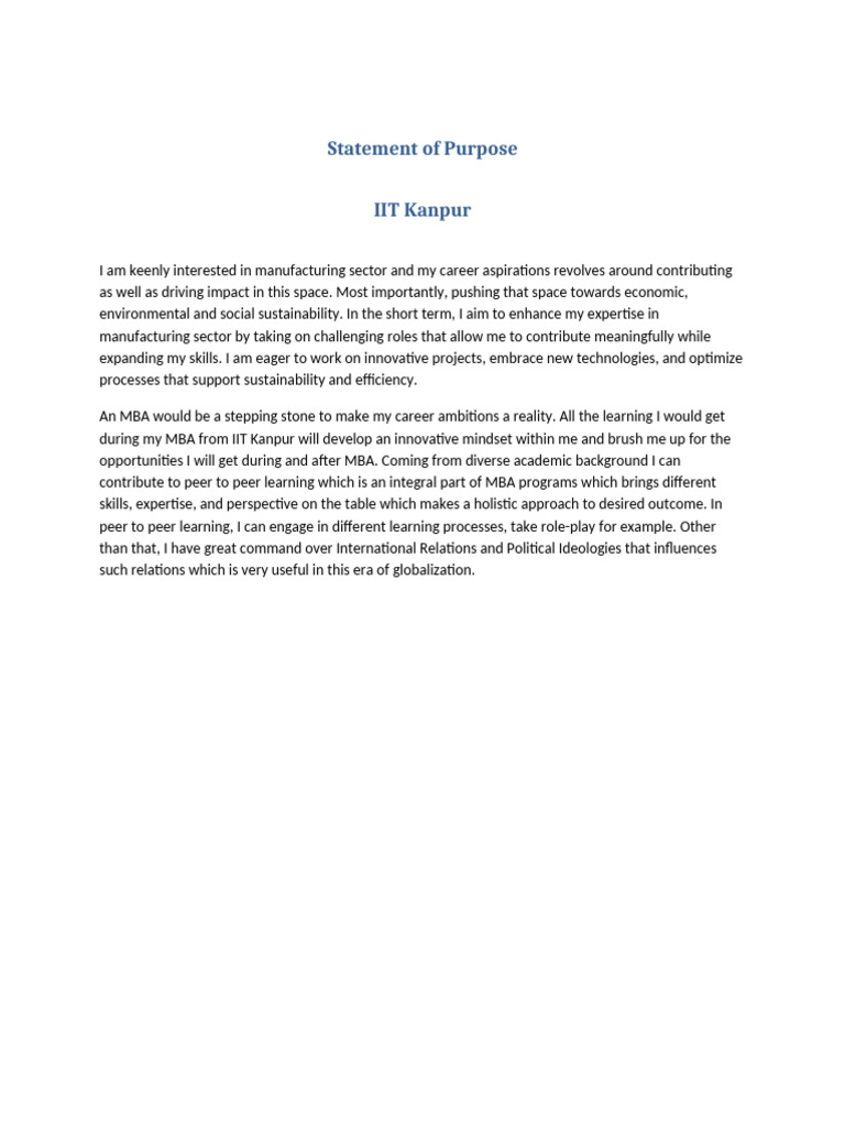 MBA Statement of Purpose: Manufacturing Focus | PDF