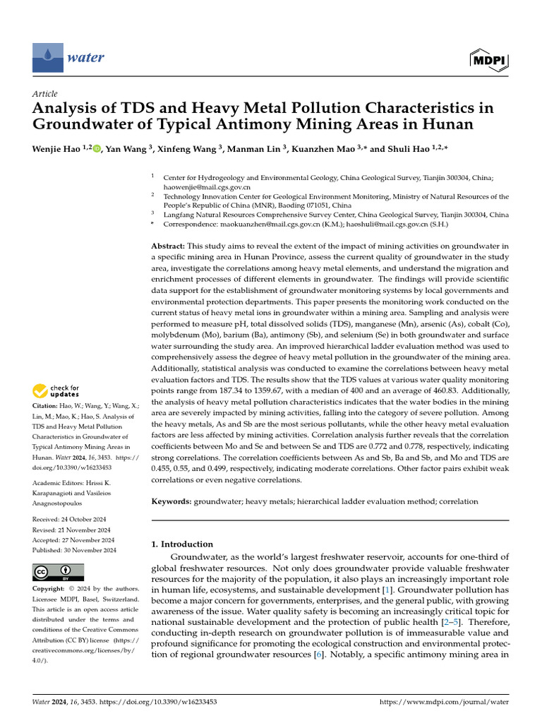 2024 Analysis of TDS and Heavy Metal Pollution Characteristics in ...
