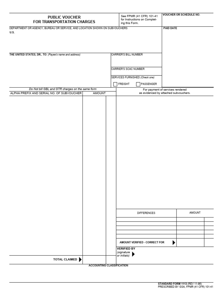 Sf1113-86a Public Voucher For Transportation Charges | PDF