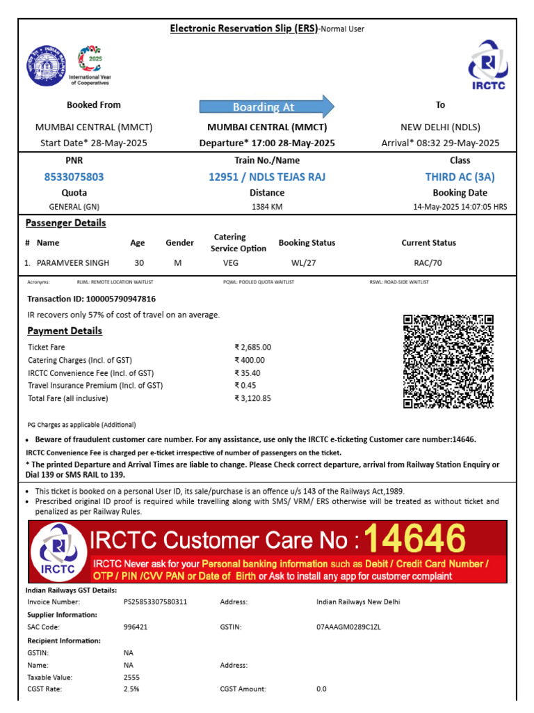 IRCTC Mumbai to Delhi Ticket Details | PDF | Identity Document | Payments