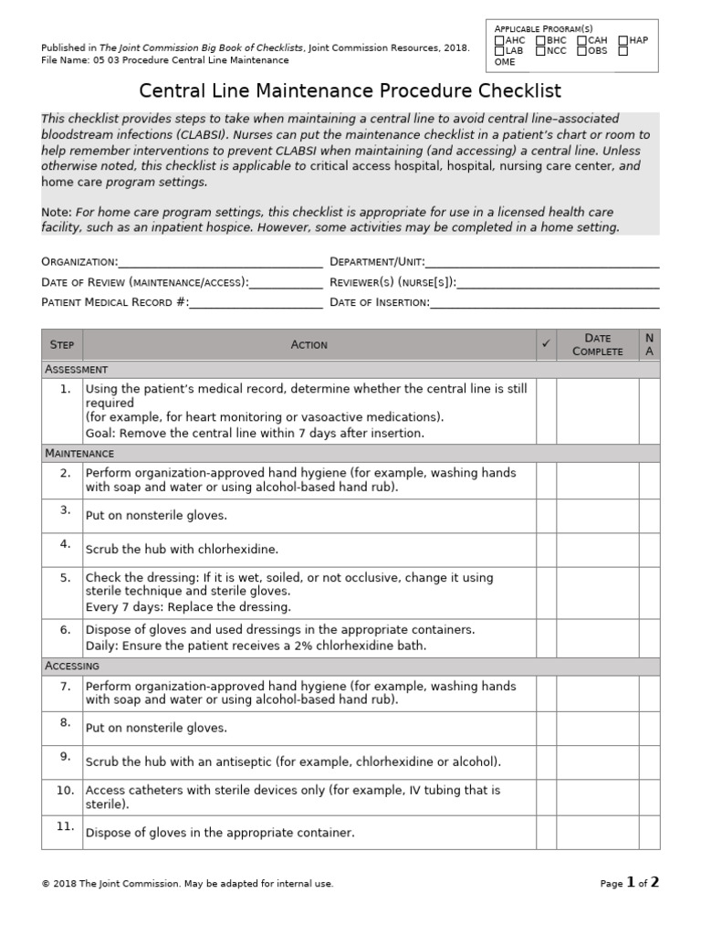 Central Line Maintenance Checklist | PDF | Hand Washing | Social Programs