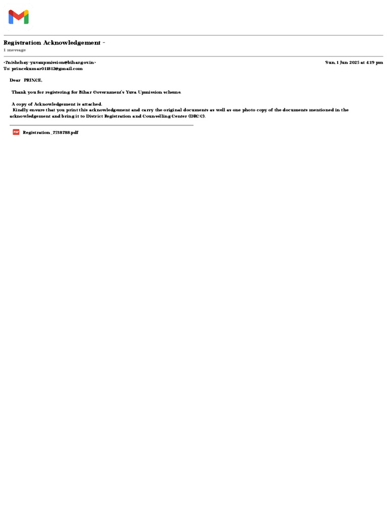 Yuva Upmission Registration Acknowledgement | PDF