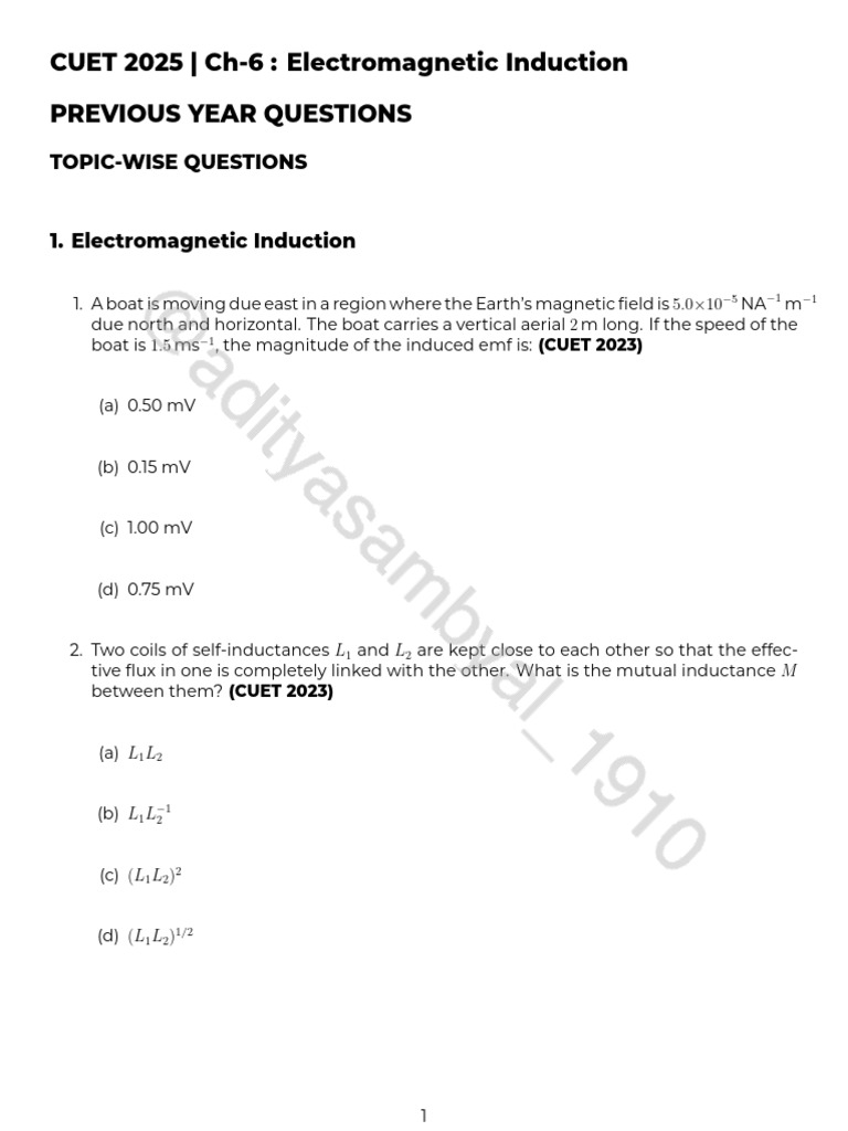 Ch-6 Electromagnetic Induction CUET PYQs | PDF | Inductance | Inductor