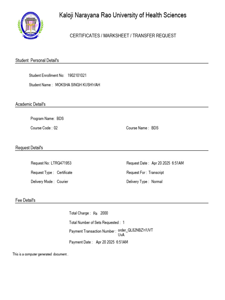 BDS Transcript Request - Moksha Singh | PDF
