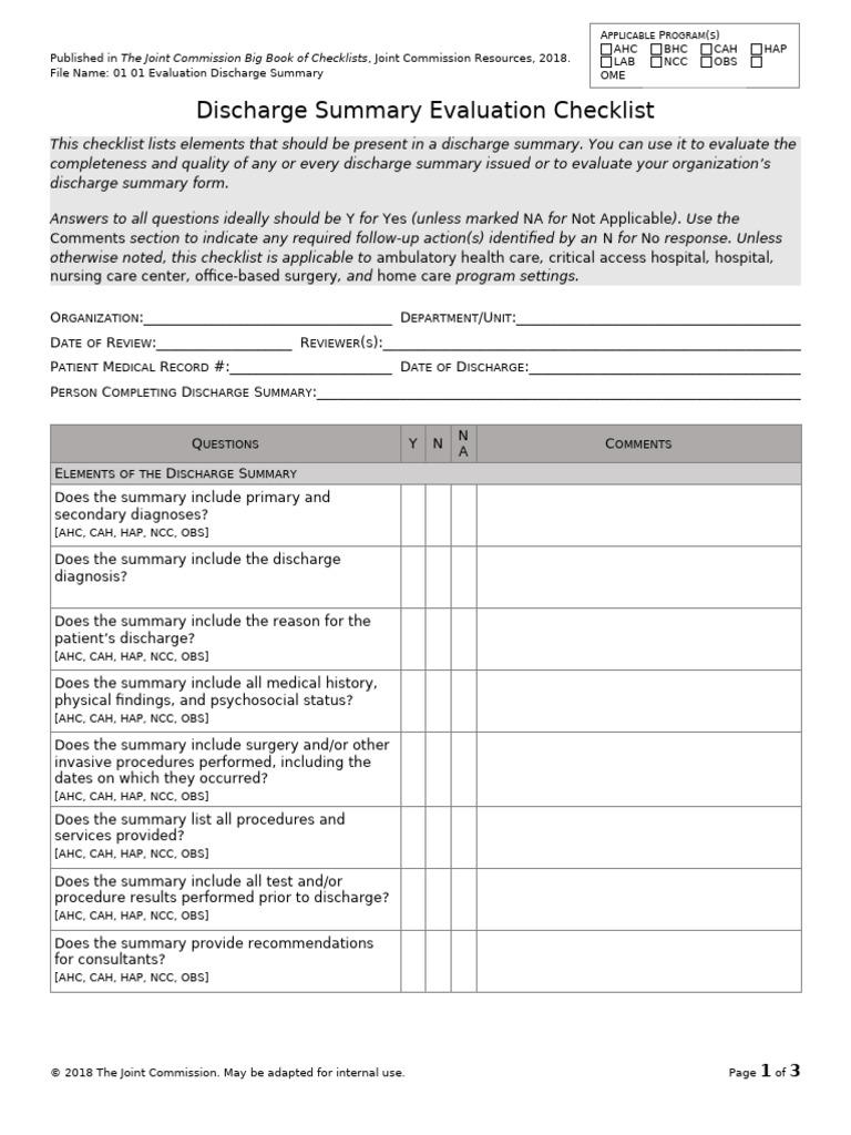 Discharge Summary Evaluation Checklist | PDF | Joint Commission ...