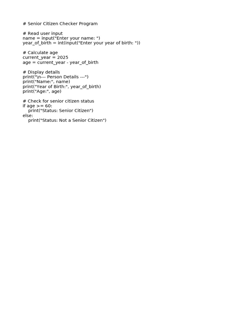 Senior Citizen Status Checker Program | PDF