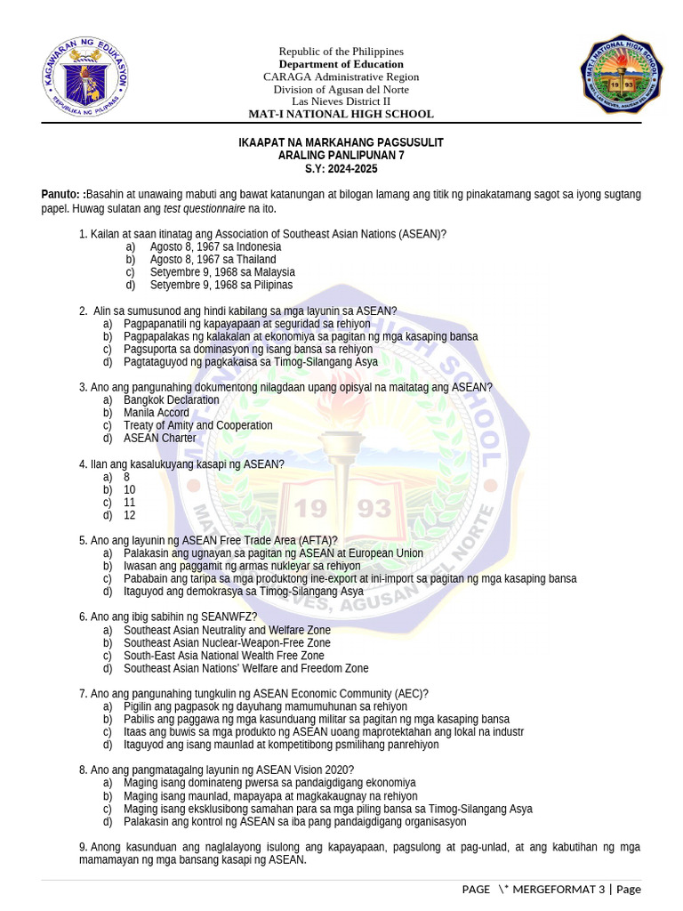 Test Questionnaire: Ikaapat Na Markahang Pagsusulit Araling Panlipunan ...