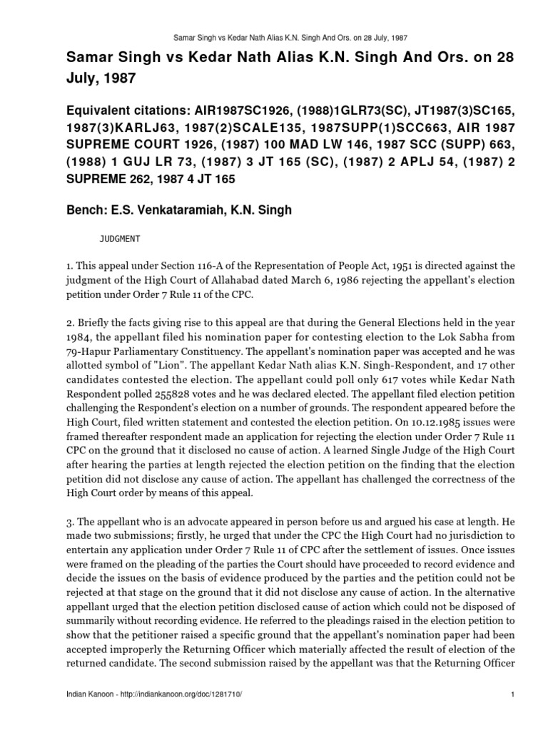 Election Petition Ruling: Samar Singh Case | PDF | Lawsuit | Federal ...