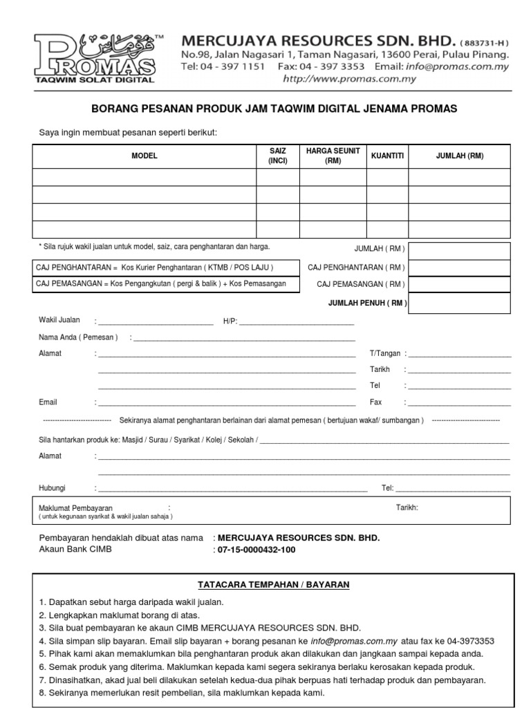 Borang Pesanan Jam Taqwim Promas | PDF
