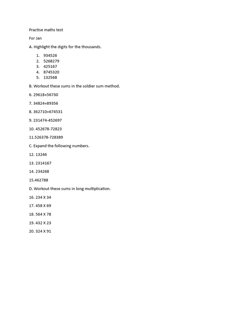 Practise Maths Test For Jan | PDF