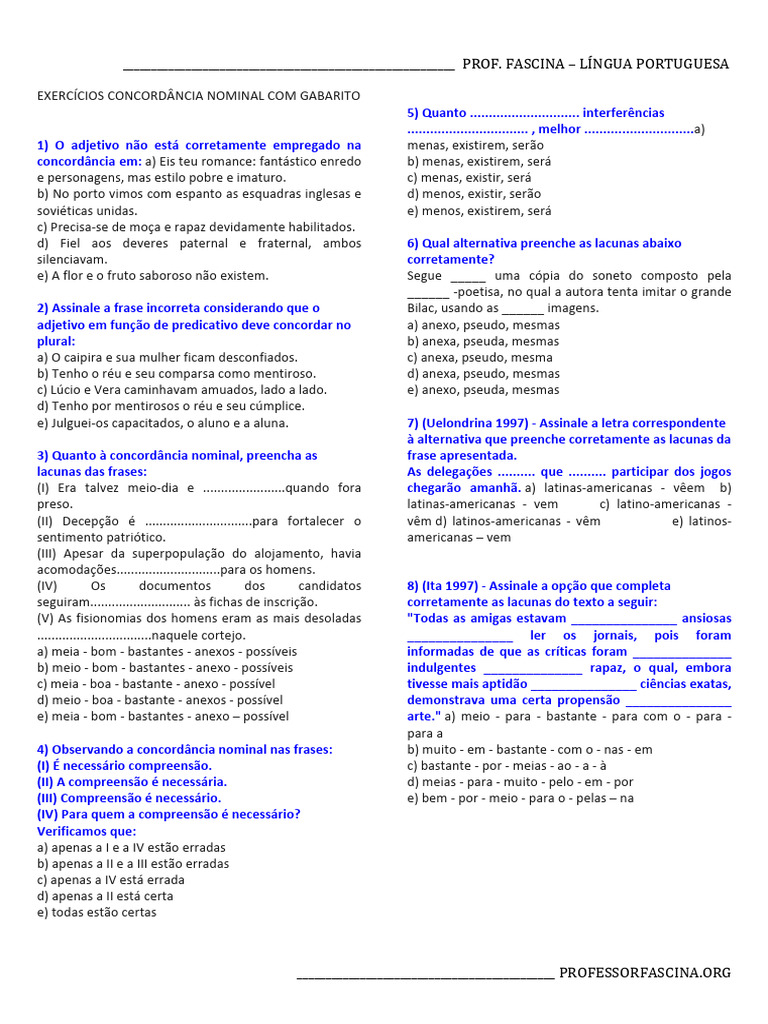 Exercícios de Concordância Nominal com Gabarito | PDF