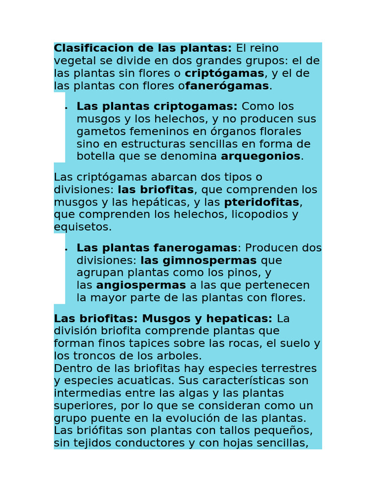 Clasificación de Plantas: Criptógamas y Fanerógamas | PDF | Flores ...