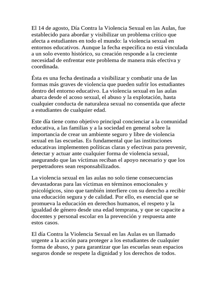 El 14 de Agosto Se Celebra El Día de La No Violencia en Las Aulas | PDF