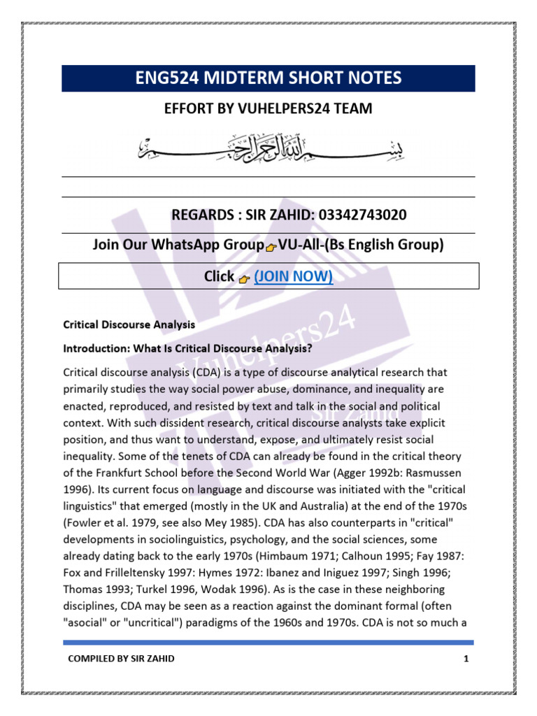 Eng524 Midterm Short Note | PDF | Power (Social And Political) | Discourse