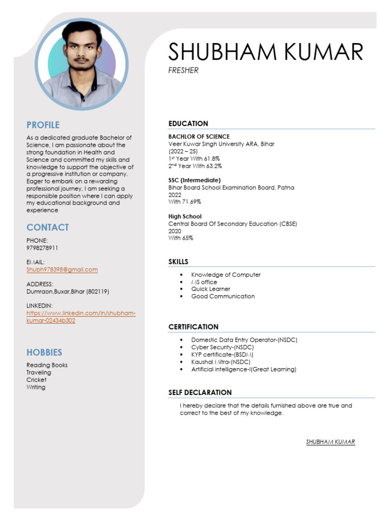 Shubham Kumar - B.Sc. Graduate Resume | PDF