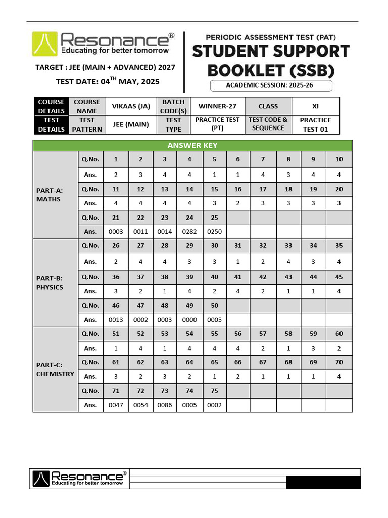 JEE Main Practice Test Answer Key | PDF