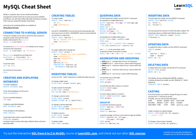 MySQL Commands Cheat Sheet | PDF | My Sql | Computer Programming