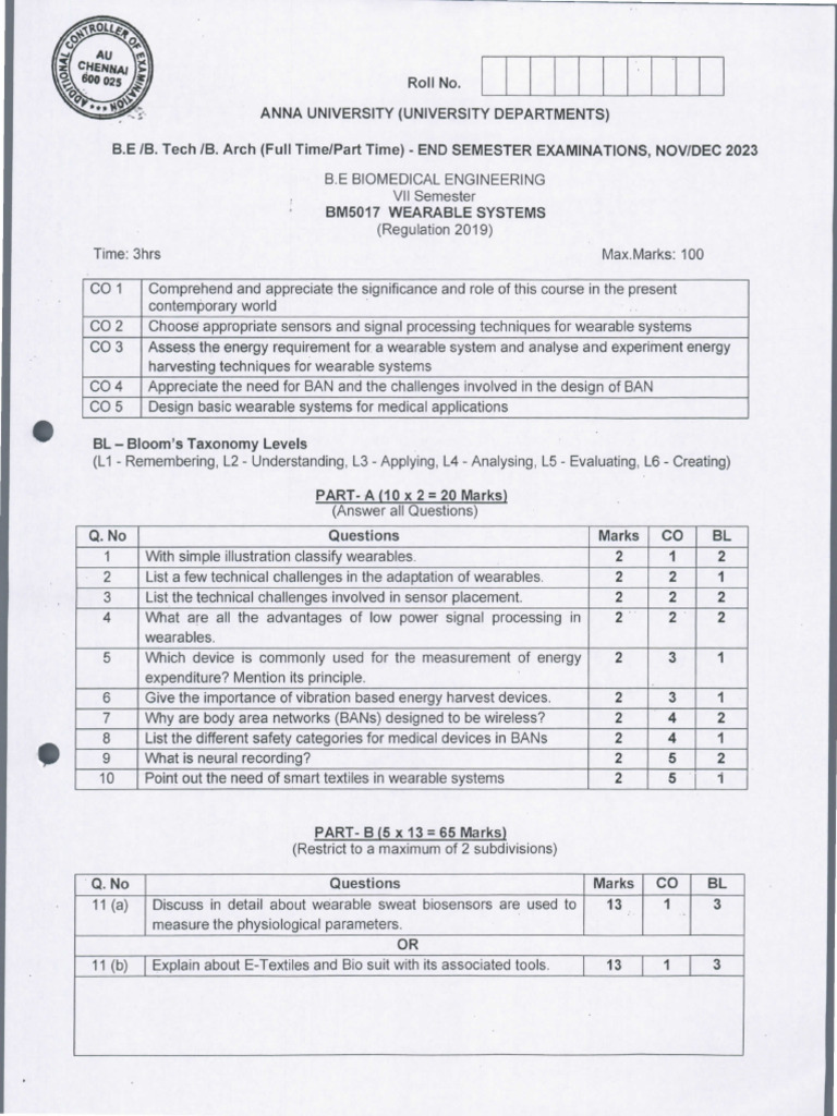 Wearable Systems Exam Paper 2023 | PDF | Computer Engineering