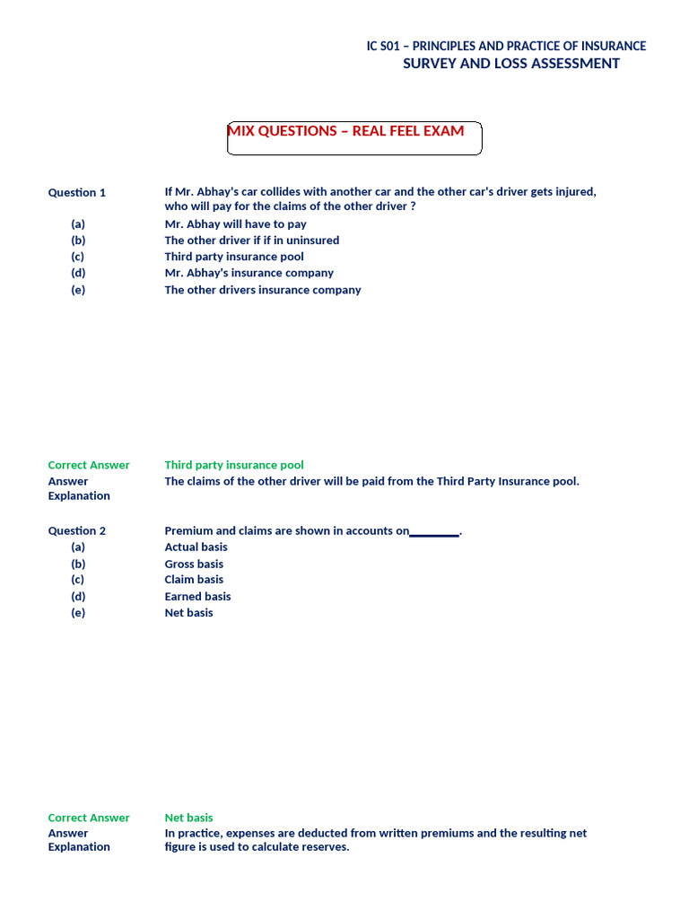 Pjack Real Feel Exam 1 - Mix Questions | PDF | Insurance | Reinsurance
