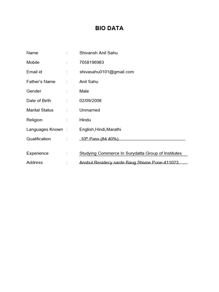 Shivansh Sahu's Bio Data | PDF