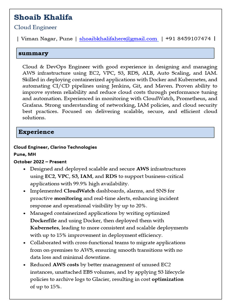 Shoaibk Cloud Engineer 2.5 Exp | PDF | Cloud Computing | Software ...