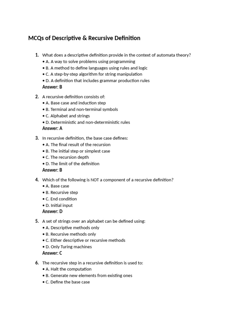 Descriptive and Recursive Definitions MCQs | PDF | Recursion | Automata ...