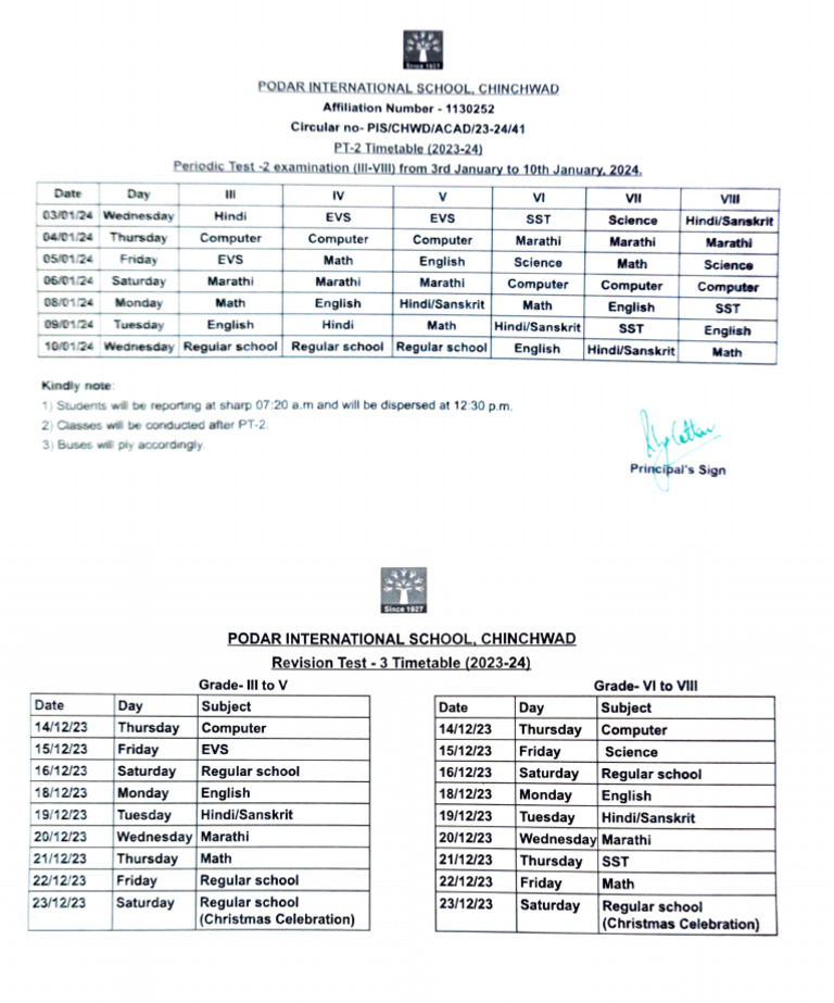 Podar International School Timetable 2024 | PDF