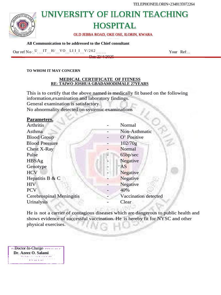 Medical Fitness Certificate for Taiwo Joshua | PDF