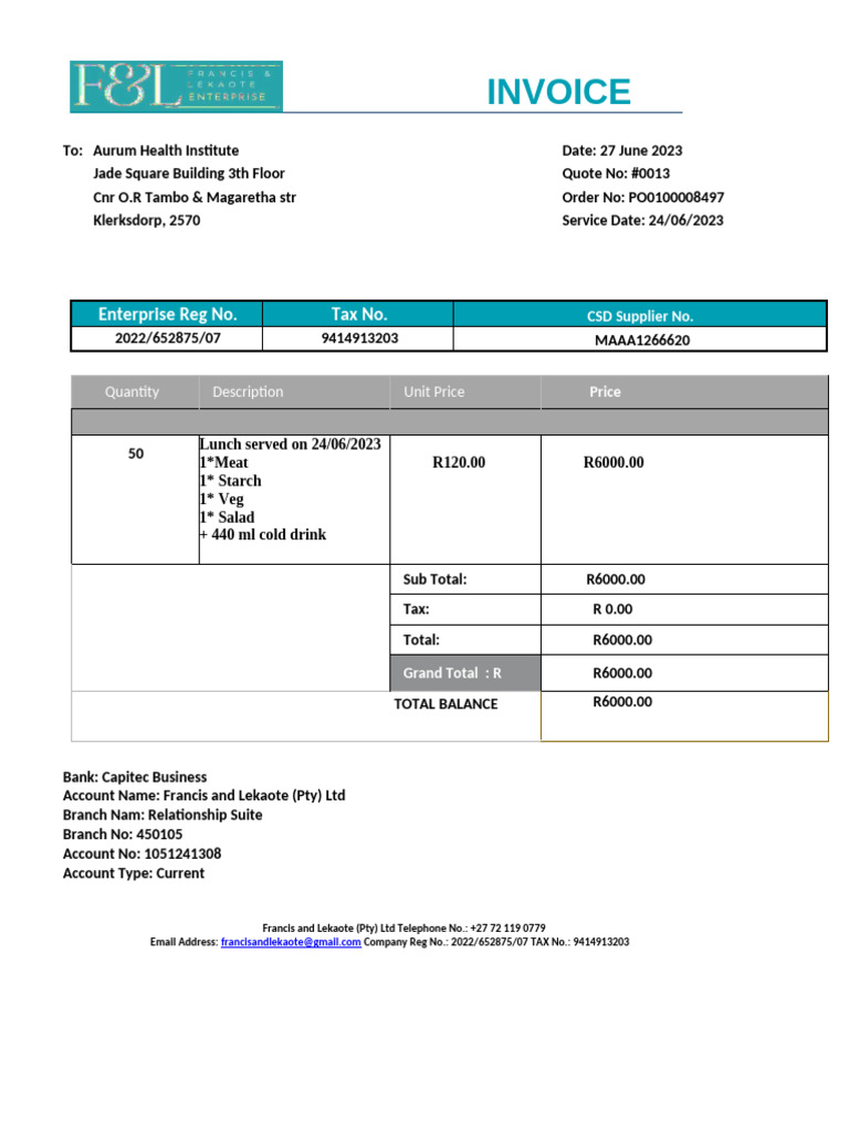 Invoice for Lunch Service - Aurum Health | PDF