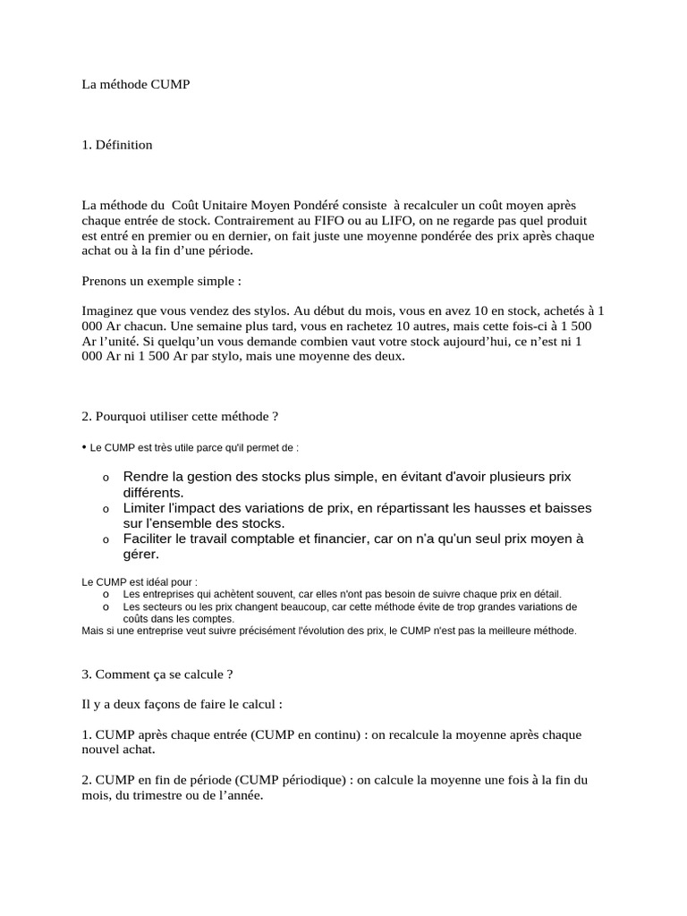 Méthode CUMP : Gestion des Stocks Simplifiée | PDF