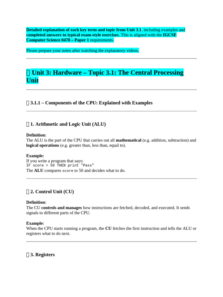 IGCSE Computer Science Unit 3.1 CPU Guide | PDF | Central Processing ...